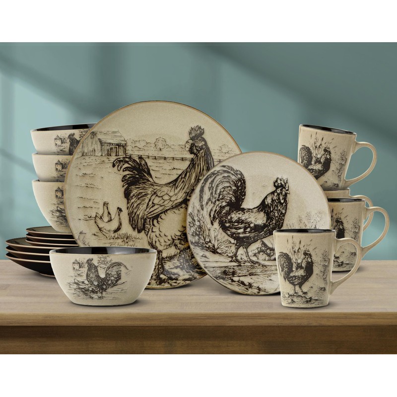 Pfaltzgraff Homespun Rooster 16-Piece Dinnerware Set, Service for 4 Brown