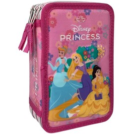 CARTOON Pencil Case with 3 Zippers for School, 44 Pieces, Stationery, Pens Papermate, Felt Tip Pens Giotto, Accessories for Kids and Teenagers, Princesses, pencil case