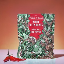 Teta's Double Marinated Green Olive Snacks | Thai Pepper | Fresh Single Serve Snack Packs, On-The-Go Gourmet Spicy Olives, All Natural Healthy Snacks - 1.6oz (24 Individual Packs)