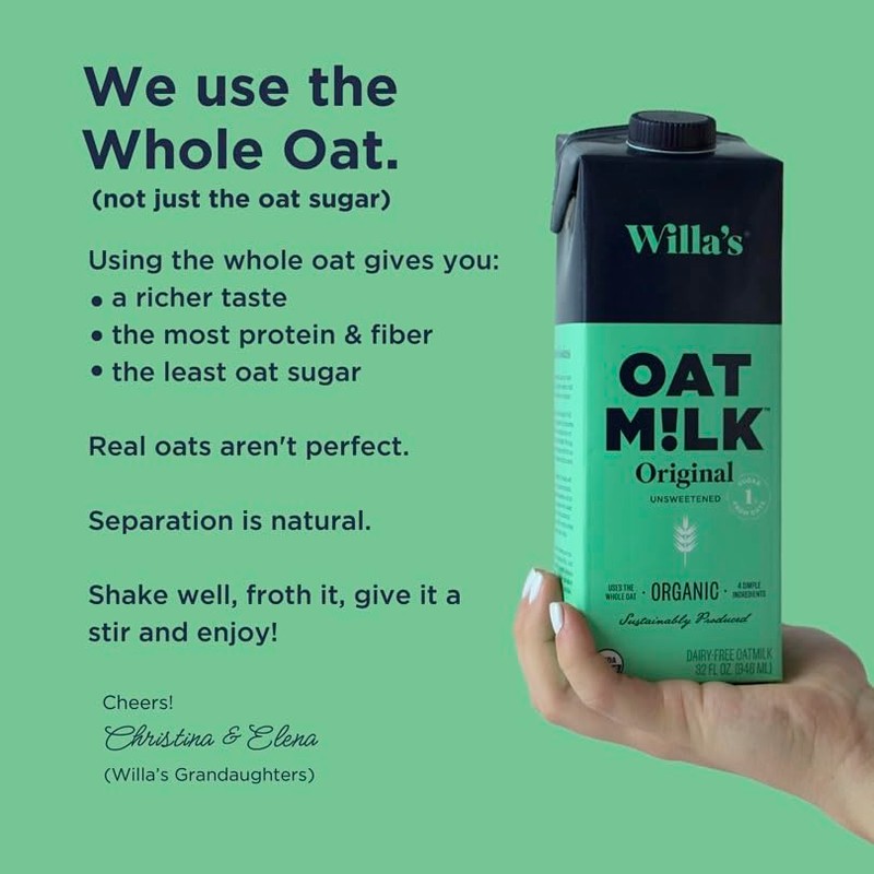 Willa's Organic Oat Milk - Unsweetened Original Oatmilk, Non-GMO, Shelf
