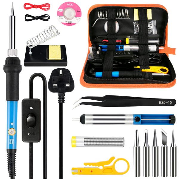 Soldering Iron Kit,60W Soldering-Iron Gun with Adjustable Temp 200-450°C and ON/Off Switch,5 Soldering Tips, Desoldering Pump, Solder Wire,2 in 1 Wire Stripper Cutter, Soldering Iron Stand, Tool Case