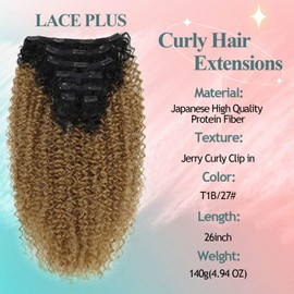 LACE PLUS Clip In Hair Extensions - Synthetic hair Black Strawberry Blonde Clip in Hair Extensions Jerry Curly Extensions for Black Women Clip In Extensions Hairpieces (T1B/27# 24 Inch)(Pack of 7)