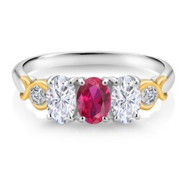 Gem Stone King 925 Silver and 10K Yellow Gold G-H Lab Grown Diamond Women Ring Created Ruby Moissanite (1.52 Cttw, Size 7)