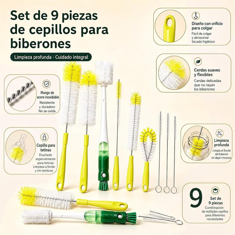 Set de 9 Pcs Cepillos de Limpieza, Mango Largo Desmontable