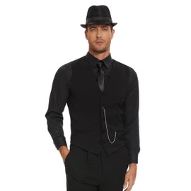 Pixiemain 1920s Mens Costume Roaring 20s Costumes Outfit with Gangster Vest,Fedora Hat,Bow tie-Blk-2XL
