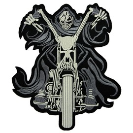 Skull Biker Back Patch XXL Back Patch Large Iron-On or Sew On for Cowl Jacket Vest Iron-On Patch Grim Reaper Skeleton Motorcycle Rider Patch Size 21.5 x 25.5 cm