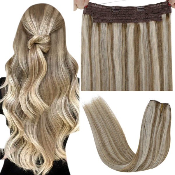 LaaVoo Halo Couture Hair Extensions Light Brown Highlighed With Light Blonde Real Hair Halo Extensions Highlighted Brown Remy Halo Human Hair Extensions Brown One Piece Hidden Crown 80g 18” P8/24