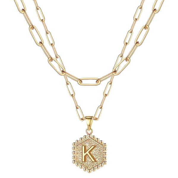 JeeweLife K Initial Necklaces 18K Gold Plated Layered Paperclip Chain