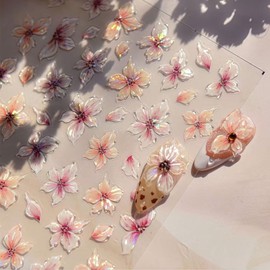 Lily Flower Nail Art Stickers 5D Embossed Jelly Five Petal Lily Flower Self-Adhesive Pegatinas Uñas Summer Colorful Hibiscus Floral Design Nails Decals for Women Spring Floral Manicure Decoration