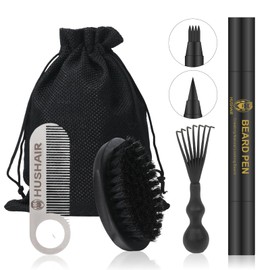 HUSHAIR Pocket Beard Brush 5-in-1 Set for Men,Natural Fiber Soft Bristle & Animal-Free,Beard Pen & Stainless Steel Pocket Beard Comb/Combing Brush/Ramie Storage Bag - Great for Grooming Beards and Mustaches