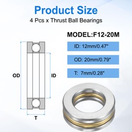 sourcing map 4pcs F12-20M Thrust Ball Bearings, 12mm x 20mm x 7mm Miniature Thrust Bearing with Washers Chrome Steel Single Direction for Conveyor Systems Machine Tools