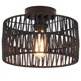 Hchunqjor Coastal Black Woven Flush Mount Light Fixture Rustic Industrial Hemp Rope Round Flush Mount Ceiling Light for Hallway Bedroom Farmhouse Kitchen Entryway Hall, Black