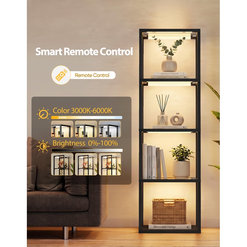 PARTPHONER Large Glass Display Shelf with Remote Control, Dimmable LED