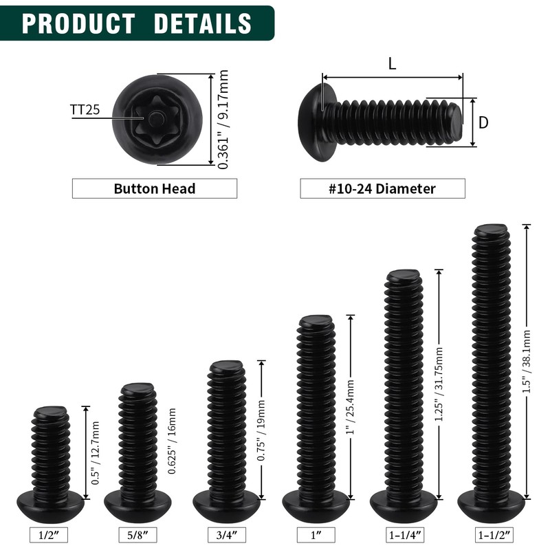 #10-24 x 1/2" Button Head Torx Security Screws, 304 Stainless