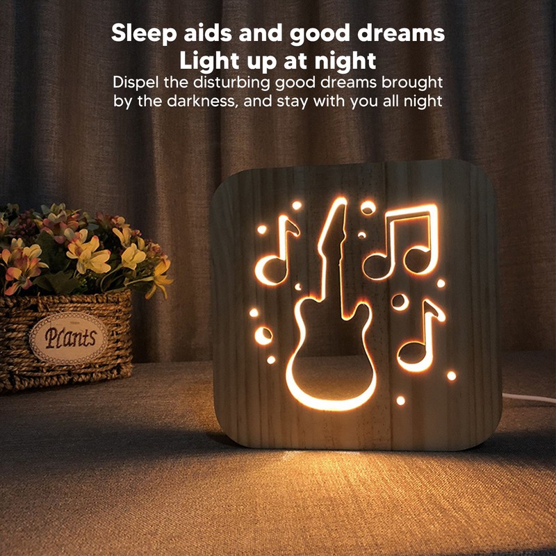 LED Night Light Unique Guitar Hollow Design 3D Wooden Night