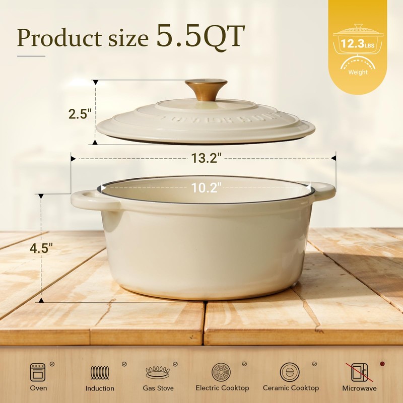 Overmont Enameled Cast Iron Dutch Oven - 5.5QT Pot with