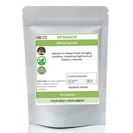 Spinach 800mg Capsules 100% Pure High Strength Super-Food(NoFiller No Additive) (60)