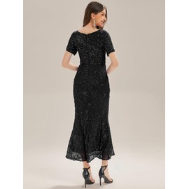 Ever-Pretty Women's Gorgeous Round Neck Sequin Embroidered Short Sleeve Maxi Mermaid Formal Evening Dresses Black US16