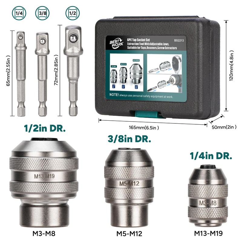 Bestwork Adjustable Tap Sockets, 6pcs Tap Socket Set, 1/4", 3/8",