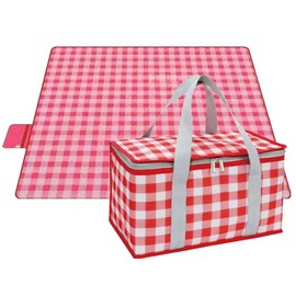 Hbluefat Picnic Blankets Set, Picnic Blankets Mat for 2-4 Adults and Bag Waterproof Quick Drying Outdoor Picnic Mat for Travel Camping Hiking Festival Park Lawn (Red Plaids)