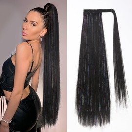 LADY MIRANDA Ponytail Extension with Tinsel Hair 26 Inch Natural Black Wrap Around Pony Tails Hair Extensions Clip in Ponytail Hairpiece for Women