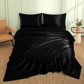 VACVELT 4pcs Black Satin Sheets Queen Size Bed Set, 15 Inch Deep Pocket Silky Satin Sheet Set, Soft Satin Bedding Set Cooling & Luxury Bed Sheets, 1 Fitted Sheet + 1 Flat Sheet + 2 Pillowcases