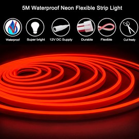 Tesfish Neon LED Strip Light, Red Colour LED Strip DC 12 V 5 m 120 LEDs/M Total 600 LEDs Flexible LED Light Strips for Bedroom, Bar, Playroom, Birthday, Christmas Party