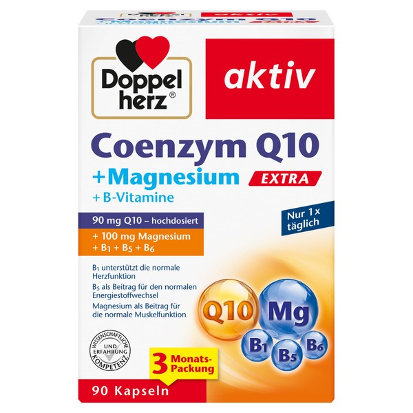 Doppelherz Coenzyme Q10 + Magnesium Extra + B Vitamins - 90 mg High Dose Coenzyme Q10 Ubiquinone per Daily Serving in One Capsule - 90 Capsules
