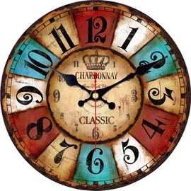 VIKMARI Wall Clock Vintage Wooden Wall Clock Without Ticking Noises Round Rustic Vintage Interior Decoration Wall Clock Colourful for Kitchen Living Room Bedroom Office School 30 cm