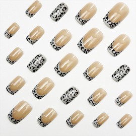 Leopard French Tip Press on Nails Square Short Fake Nails Glossy Grey Acrylic Nails Tips with Black Leopard Print False Nails with Designs Full Cover Glue on Nails for Women Girls 24Pcs