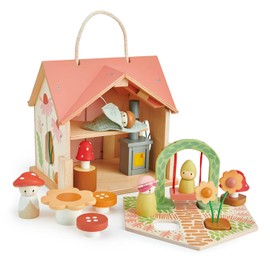 Tender Leaf Toys - Rosewood Cottage - Portable Furnished Wooden 2-Story Dollhouse Set with Handle, 4 Pcs Miniature Toadstool Family with 10 Accessories - Pretend Play Gift for Kids - Age 3+