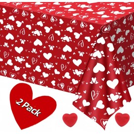 Litmitfu 2 Pack Valentines Tablecloth - Red Heart Valentines Table Cloth, Plastic Disposable Rectangle Valentine Table Cover for Valentine's Tables Decorations and Party Decor, 108 x 54 Inch