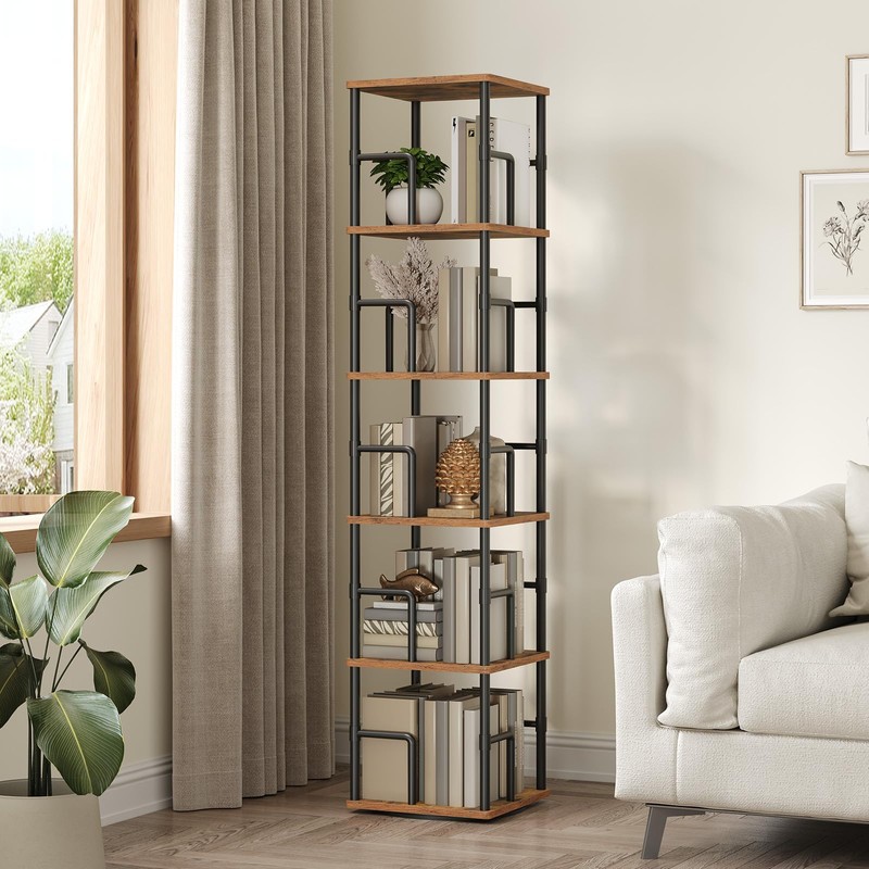 MAHANCRIS 5-Tier Rotating Bookshelf, Freestanding Corner Bookshelf, 360° Spinning Bookcase,