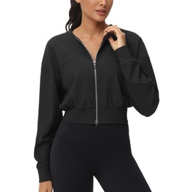 THE GYM PEOPLE Women's Cropped Jackets Full Zip Long Sleeve Ribbed Workout Sweatshirts Lightweight Casual Tops Black