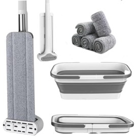 Mop and Bucket Set with Wringer, Flat Mops for Floor Cleaning, Wall Mop Cleaner with Long Handle, Hardwood Floor Mop with 6 Microfiber Pads (1 Mop + 6 Microfiber Pads + 1 Bucket)