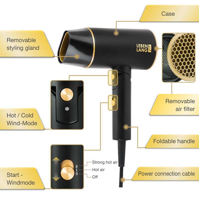LEBENLANG Ionic Hair Dryer 1875W - Compact, Portable, Lightweight, with