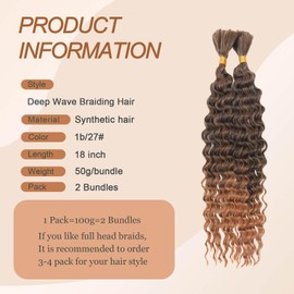 CHARSUN Deep Wave Braiding Hair Curly Bulk Synthetic Hair Extensions For Women Wet and Wavy Braids Extensions for Boho Box Braids No Weft 2Bundle/Pack Hair Extensions(1b/27#)