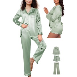 WJing Yi Jia Womens 3Pcs Silk Satin Pajama Sets Silky Pajamas Set With Shorts Stripe Pj Sets XS-XXL Sleepwear Pjs Loungewear