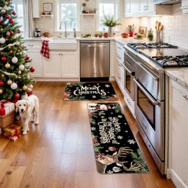 SEGXCFL Christmas Kitchen Mats, Merry Christmas Kitchen Rugs Set of 2 Retro Black Christmas Kitchen Runner Rugs Snowman Deer Decorations for Floor,Bathroom,Living Room,Doorway