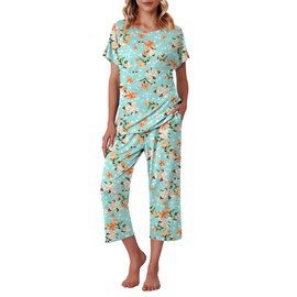 Ekouaer Women's Capri Pajama Sets Floral Print Short Sleeve Sleepwear Top and Capri Pants 2 Piece Loungewear with Pockets Green Flowers XXL