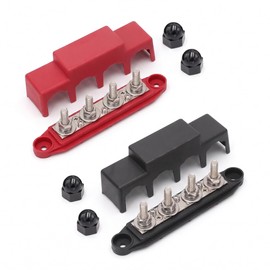 Power Distribution Block Bus Bar 4 Posts 48V DC 250A M8 Stud Brass Plate Terminal Block with Cover Red Black Terminals for Car Marine RV Solar DC Power Divider Collector Ground Distribution Terminals