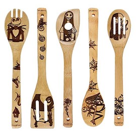 Unique Pattern Burned Wooden Spoons Nightmare Kitchen Slotted Spoon House Warming Presents Bamboo Utensil Set