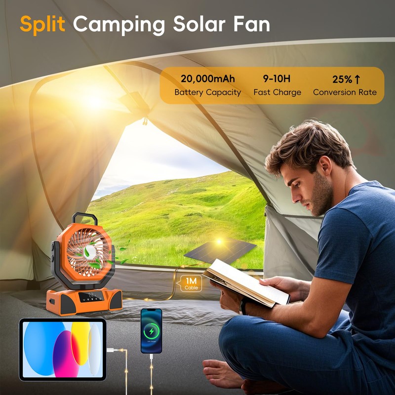 20000mAh Solar Camping Fan, Portable Rechargeable Battery & Solar Powered