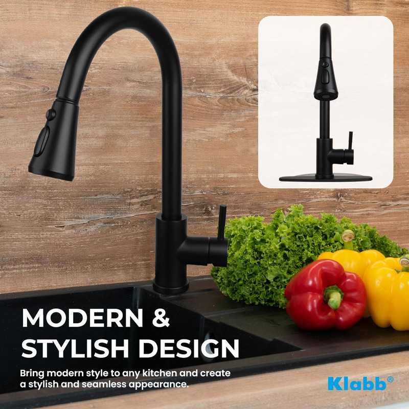 Klabb Single Handle High Arc Pull Out Kitchen Faucet, Matte