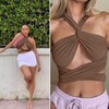 ZAFUL Ribbed Halter Crop Top Ruched Lace-up Cropped Cami Bandana