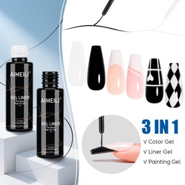 AIMEILI Gel Polish Nail Art Liner, Hema Free, Cruelty Free, Vegan, Black White Nail Paint Build in Thin Brush for Swirl French Tips Manicure DIY
