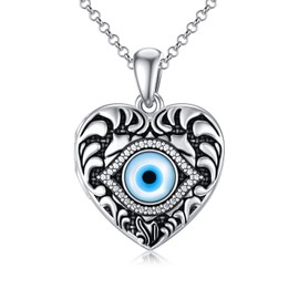 SOULMEET Heart Shaped Evil Eye Locket Necklace That Holds 2 Pictures Sterling Silver Protection Amulet Photo Pendant Necklace, Metal, Carnelian,