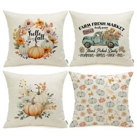 Meekio Set of 4 Fall Pillow Covers 18 x 18 Linen Pillow Covers with Blue Pumpkin Truck Print, Fall Decorations for Home, Thanksgiving Gifts