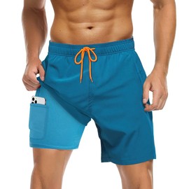 COYBTO Men's Swimwear, Swimming Trunks for Men, Zip Pocket, Swimming Trunks with Lining, Adjustable Men's Beach Shorts, peacock blue, M