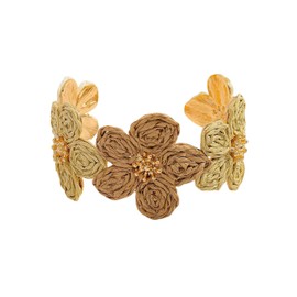 Boho Raffia Rattan Flower Cuff Bracelet Colorful Chunky Floral Tropical Wide Open Adjustable Straw Wrapped Bangle for Women Summer Beach Vacation Jewelry Beachy Accessory-E brown